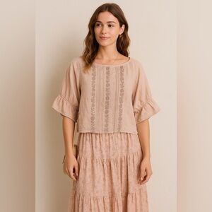 Oli & Hali Embroidered Blush Taupe Cottagecore Peasant Blouse Sz Small oversized
